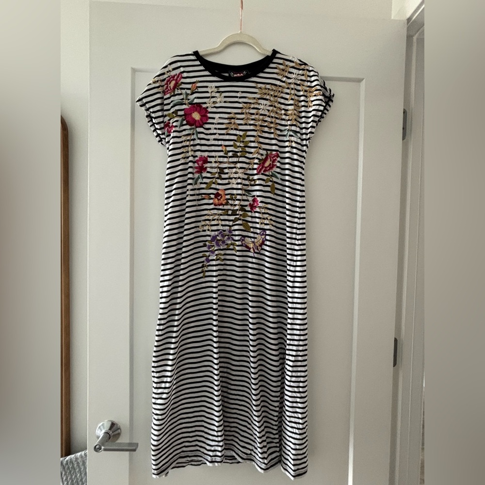 Johnny Was Striped Floral Embroidered Dress